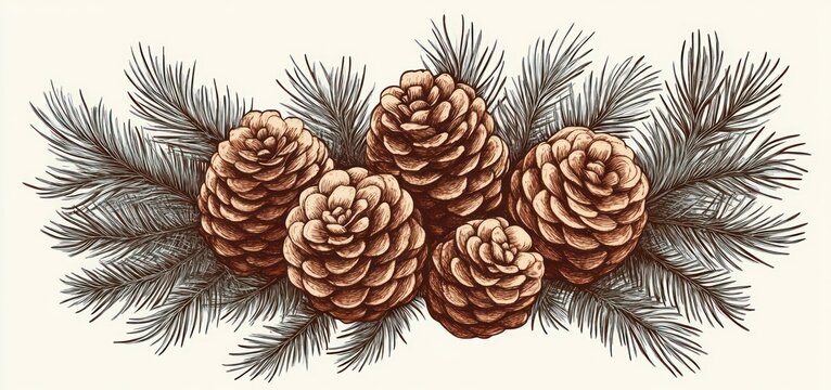 Pine Cones and Pine Needles Vintage Engraving Illustration Rustic Christmas Decoration