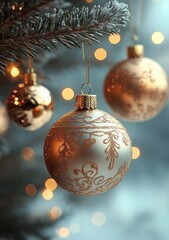 Elegant Christmas Ornaments Copper Gold Baubles Hanging on Tree Branch with Glowing Lights