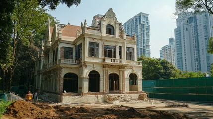 Obraz premium A city park building being renovated with upgraded facilities and eco-friendly features