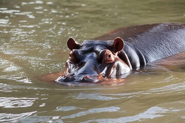 Fototapeta premium A hippopotamuss head and part of its body are visible above the waters surface. It appears calm and submerged in a murky river. The image focuses on the hippos face and ears.