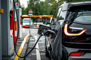 Fototapeta premium Power source for charging battery of beautiful hybrid electric car on road, abstract vivid composition consists of fictional unreal fantastic vision on background