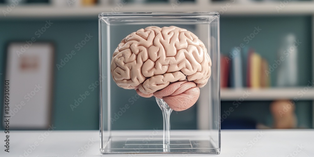 Poster science performance innovation assessment concept. a brain model displayed in a glass case on a tabl