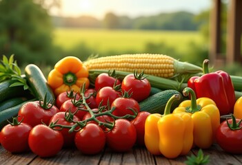 colorful display farm fresh produce arranged rustic textured wooden surface, vegetables, fruits, colors, freshness, harvest, organic, market