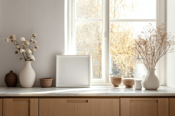 Minimalist Scandinavian Kitchen with White Picture Frame Mockup on Windowsill