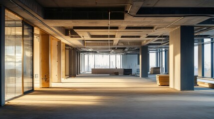 A commercial office building being refurbished with smart technology and green building materials