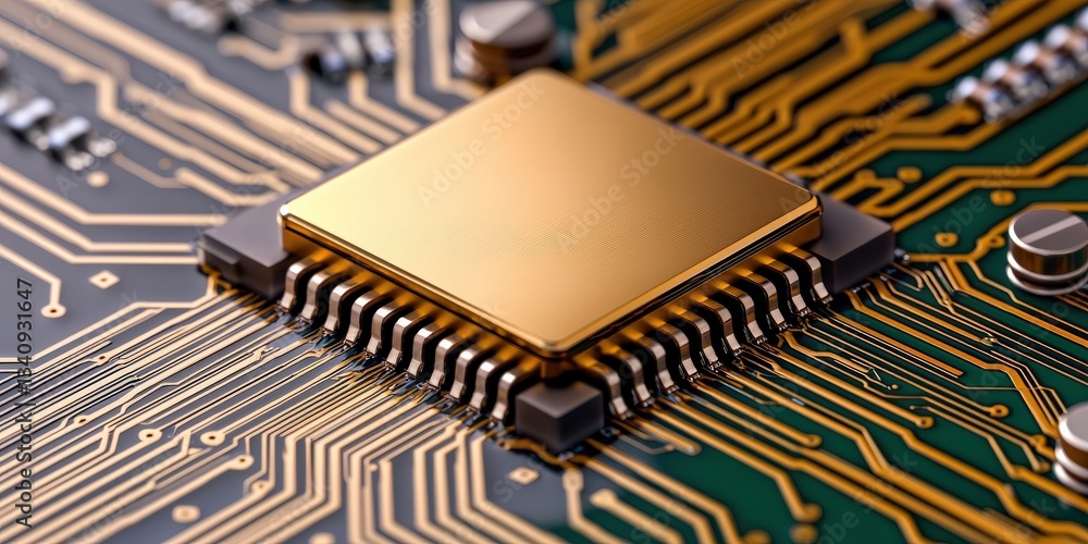 Poster science performance innovation assessment concept. close-up of a microchip on a circuit board with i