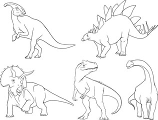 dinosaur set vector outline illustration, stegosaurus, giganotosaurus, triceratops, hadrosaurid, brachiosaurus. Coloring book page © Iuliia