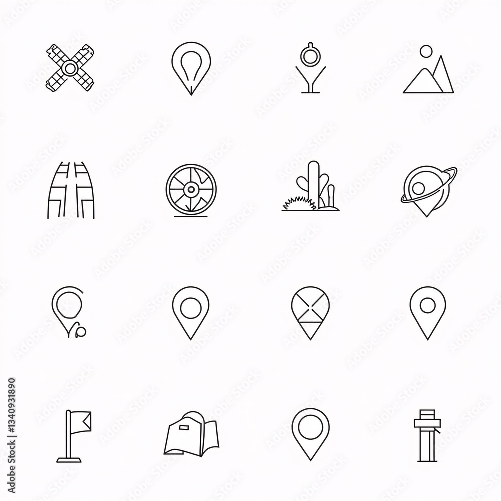 Poster set of minimalist monochrome travel location and navigation related icons editable stroke. vector il