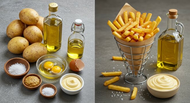 Making Homemade French Fries with Potatoes, Oil, Eggs, and Mayonnaise