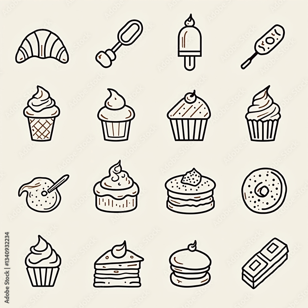 Poster set of minimalist monochrome bakery and dessert-related icons in line art style. generative ai