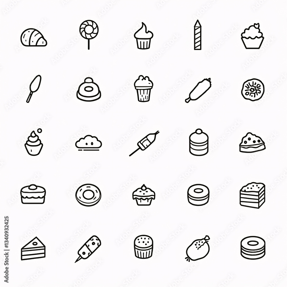 Poster set of minimalist monochrome bakery and dessert-related icons in line art style. generative ai