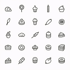 Set of minimalist monochrome bakery and dessert-related icons in line art style. Generative ai