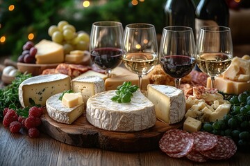 Gourmet Cheese Platters and Wine Glasses on Rustic Wooden Table