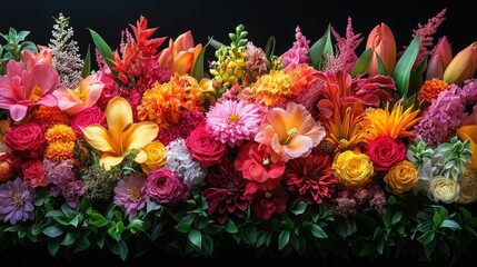 Vibrant floral arrangement showcasing an explosion of colorful blooms including roses, lilies, and tropical flowers in a striking composition.