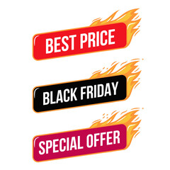 Best price. Black friday. Special offer. Fire label set.  Flaming vector badges stickers. Hot sale selling. 
