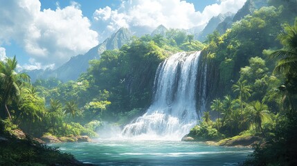 Fototapeta premium A serene tropical waterfall cascading into a crystal-clear lagoon surrounded by lush greenery and majestic mountains