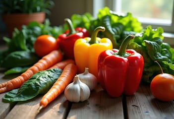 vibrant vegetable arrangement showcasing fresh harvest selection colorful produce including garlic wooden surface, carrots, peppers, spinach, cucumbers
