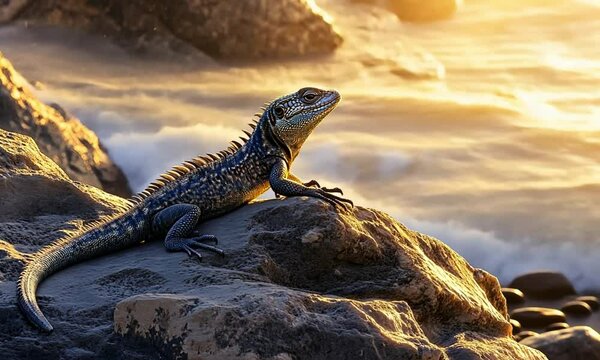 A large lizard with spiky dorsal crest basking on a rocky surface in the sunlight.