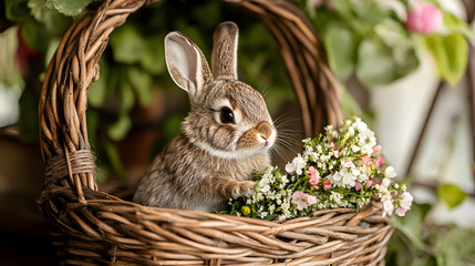 Tiny bunny with a delicate floral wreath resting in a wicker basket.