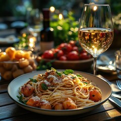 Pasta Dinner with Wine under Warm Sunlight in Cozy Italian Café
