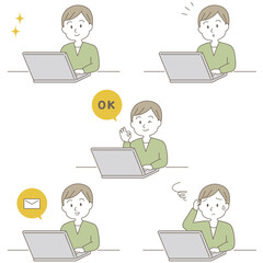 20～40代、小ぎれいな男性のビジネスシーン、シンプルかわいい線タイプ（カジュアルな服装・白背景）
