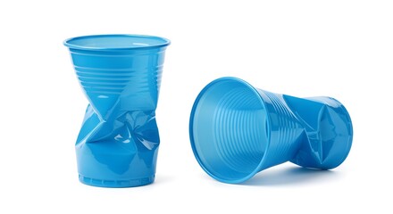 Two Crushed Blue Plastic Cups on White Background