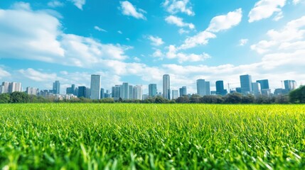 Sunny city park, vibrant green grass, urban skyline, tranquil scene, perfect for nature-urban backdrop