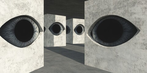 Surreal dimly lit room with eye motif on concrete walls