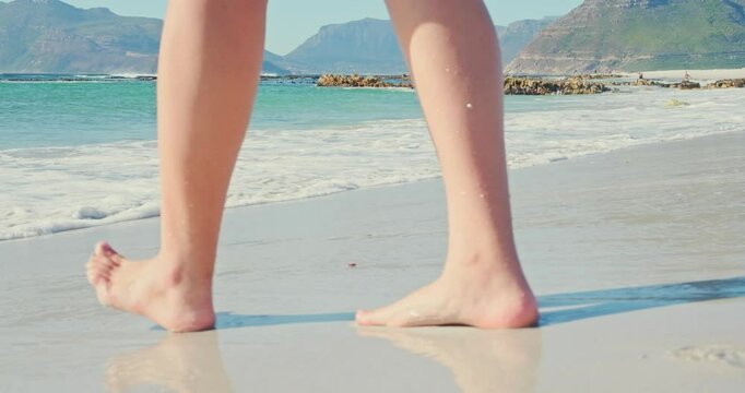 Feet, walking and beach. Sand, sea and view. High quality 4k footage