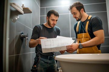 Team of two plumbers discussing a blueprint while working on a bathroom renovation project.