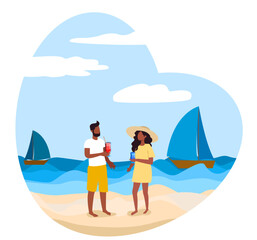 Couples enjoy drinks on a sunny beach in summer with sailboats in the background