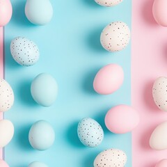 Trendy easter eggs seamless pattern on blue and pink background. Repeating tile for textile, gift wrapping paper, fabric, easter card design, spring holiday theme and background
