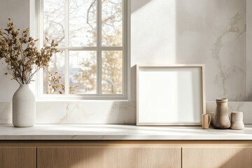 Minimalist Scandinavian Kitchen with White Picture Frame Mockup on Windowsill