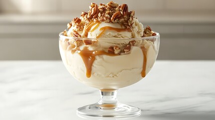 Elegant shot of butterscotch ice cream in a glass dessert bowl