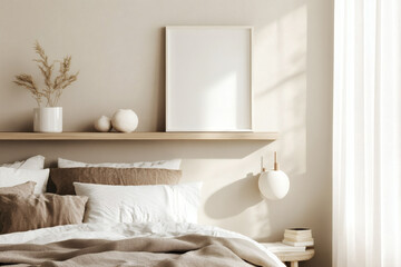 Nordic-Inspired Bedroom with Floating Wooden Shelf and White Picture Frame Mockup