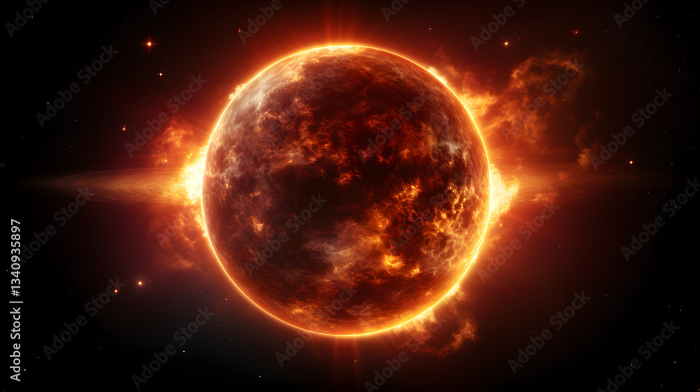 Poster sun with distant star in background surrounded by solar flares creating a stunning cosmic scene of o