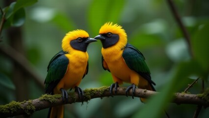 Fototapeta premium Two Male Orange-crowned Manakin On Branch