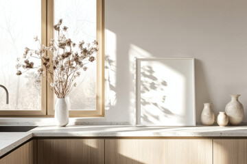 Minimalist Scandinavian Kitchen with White Picture Frame Mockup on Windowsill