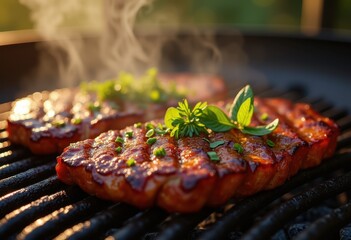 juicy sizzling grilled meat smoky charcoal grill captured high details rich colors intense flavors, barbecue, grilling, sear, smoke, charred, heat, texture