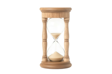 A classic hourglass with a wooden frame and two glass bulbs filled with sand, symbolizing the passage of time, Transparent Background.