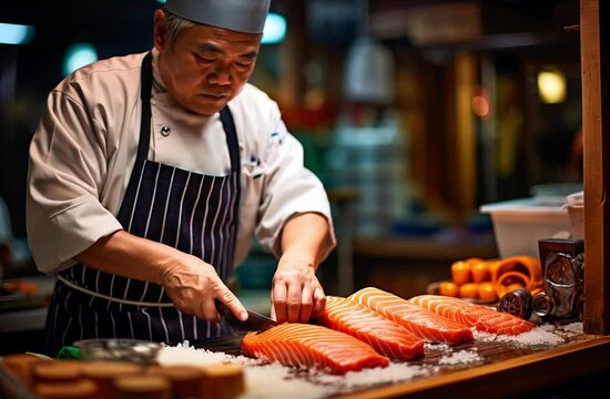 Senior man sushi master cutting salmon in a Japanese restaurant