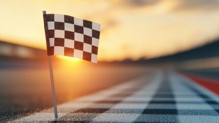 Checkerboard Flag by Racetrack at Sunset with Warm Glow in Background, Symbolizing Racing and Competition