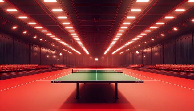 Empty, green ping pong table stands centrally in a red-lit arena with stadium seating, conveying sports, competition, and indoor recreation