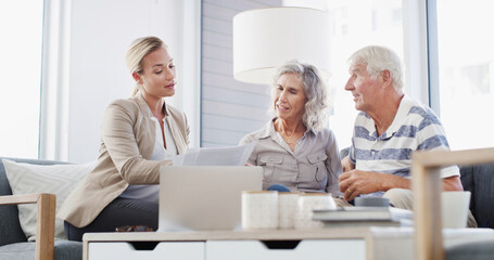 Senior couple, financial advisor and documents with laptop for retirement plan, annuity or...