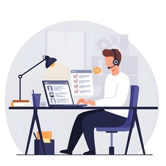 Ilustración plana de un agente de un centro de llamadas o un representante de servicio al cliente que trabaja con una lista de verificación de computadora y marcas de verificación
