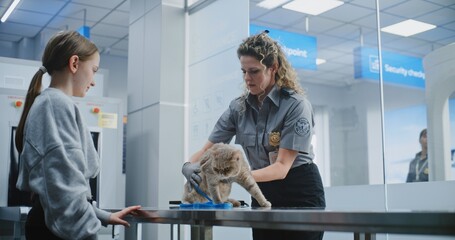 Airport Terminal: Teenage Girl with Pet at Security Checkpoint. Female Security Officer Examining...