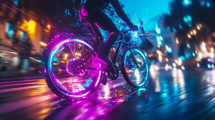 A vibrant cyclist rides through a city at night, illuminated by colorful lights.