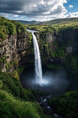 a view of a waterfall in a lush green valley with a blue sky