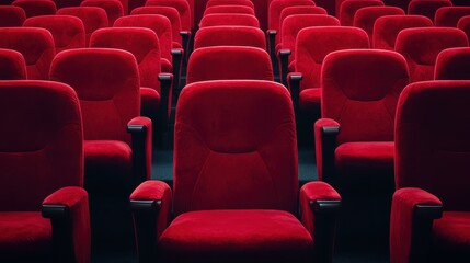 Empty Rows of Plush Red Theater Seats in a Cinema Hall Ready for Movie-Goers and Shows