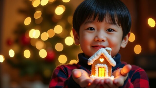Boy Holding Gingerbread House At Christmas